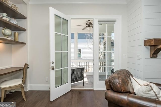 385 Rowes Cir, Alpharetta, GA 30009 - living area with french doors, wood finished floors, ceiling fan, baseboards, and crown molding