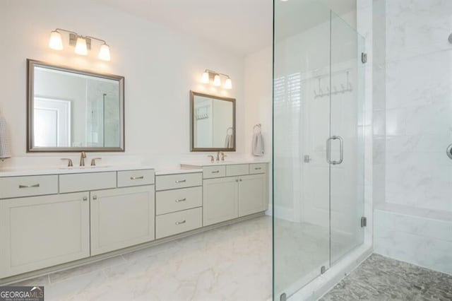 385 Rowes Cir, Alpharetta, GA 30009 - bathroom with a shower stall, marble finish floors, and double vanity