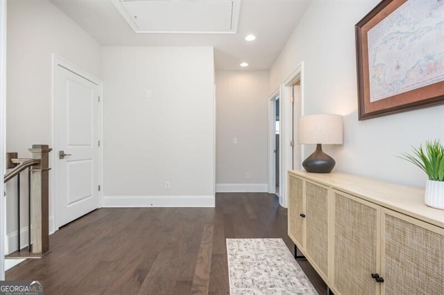 385 Rowes Cir, Alpharetta, GA 30009 - corridor with dark wood-style flooring, recessed lighting, baseboards, and attic access