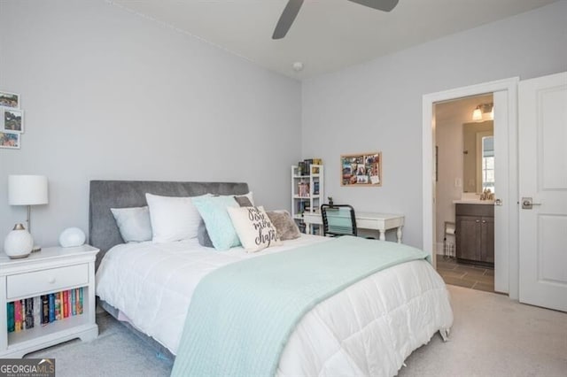 385 Rowes Cir, Alpharetta, GA 30009 - carpeted bedroom featuring ensuite bathroom and ceiling fan