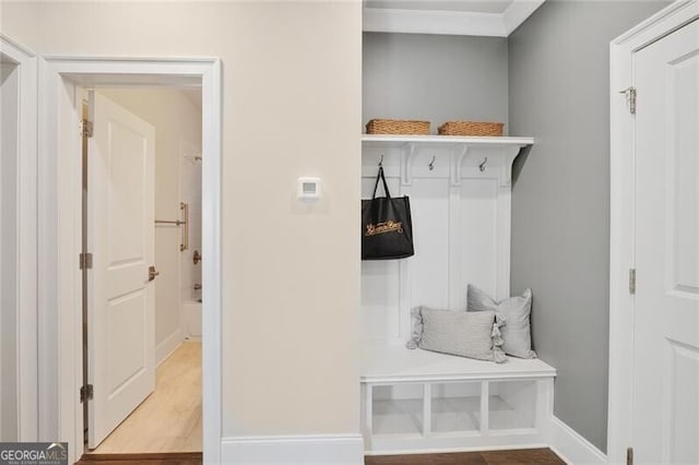 385 Rowes Cir, Alpharetta, GA 30009 - mudroom with wood finished floors and baseboards