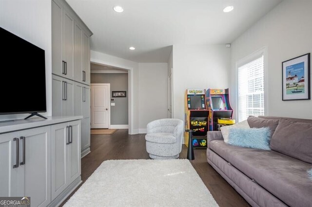 385 Rowes Cir, Alpharetta, GA 30009 - living room featuring dark wood-type flooring, recessed lighting, and baseboards