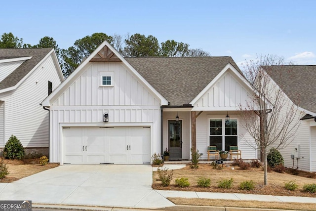 modern inspired farmhouse featuring driveway, a porch, roof with shingles, board and batten siding, and an attached garage