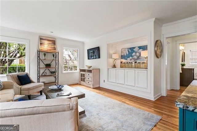 living room featuring baseboards, light wood finished floors, and ornamental molding