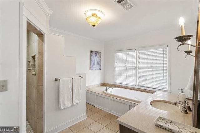 bathroom with tile patterned floors, visible vents, a tile shower, and ornamental molding