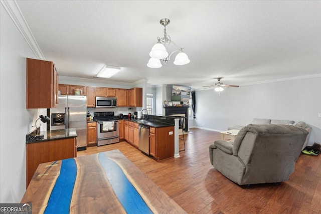 kitchen with a sink, dark countertops, appliances with stainless steel finishes, and open floor plan