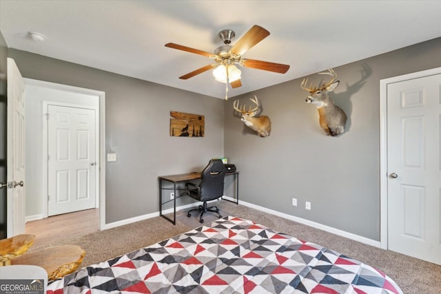 office space featuring carpet flooring, ceiling fan, and baseboards