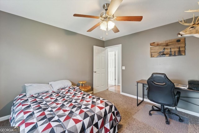 bedroom with baseboards, carpet, and ceiling fan