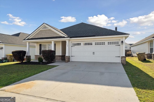 view of front of home featuring brick siding, concrete driveway, and a front yard