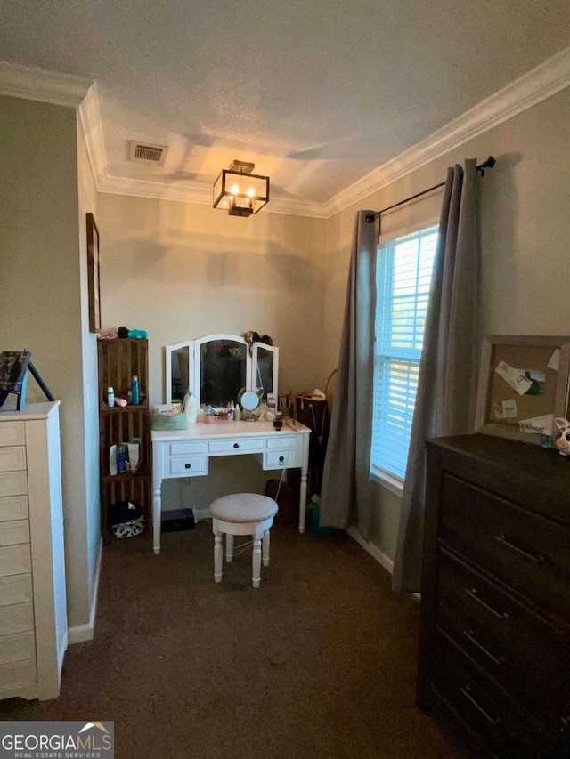 home office with crown molding, baseboards, visible vents, and dark colored carpet