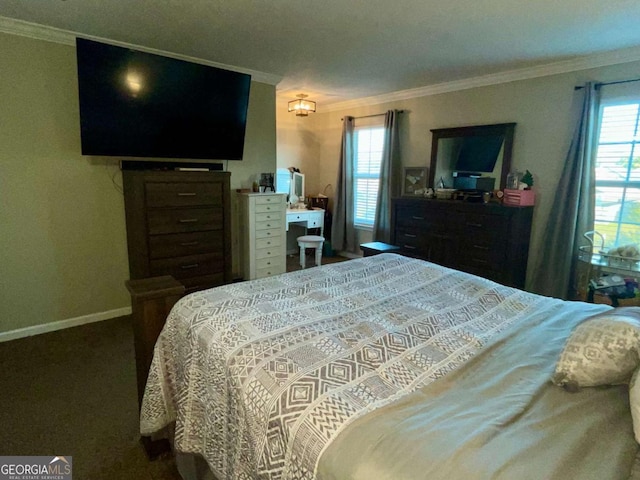 carpeted bedroom with multiple windows, crown molding, and baseboards