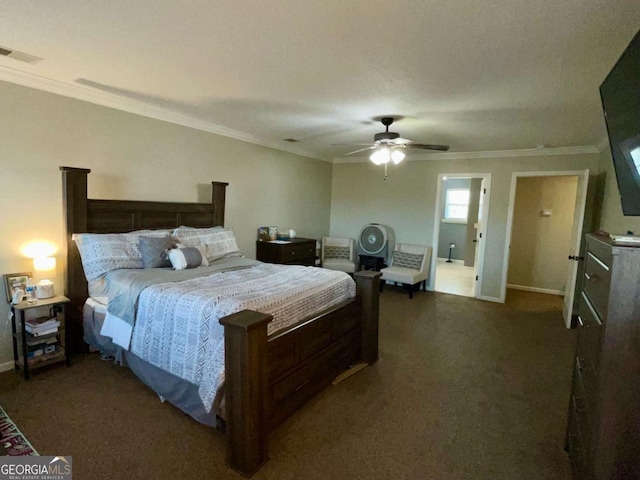 bedroom featuring visible vents, ornamental molding, a ceiling fan, dark carpet, and baseboards