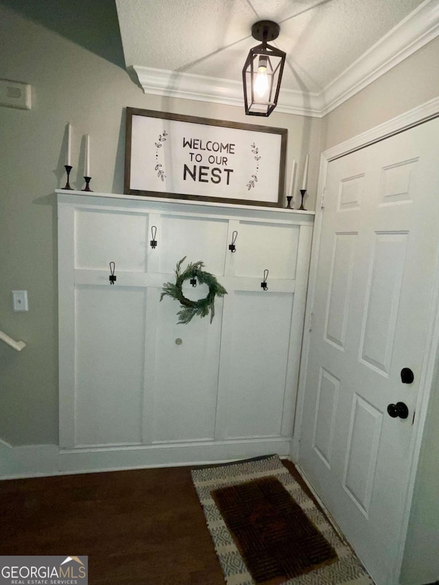 mudroom featuring dark wood-style flooring, a textured ceiling, and ornamental molding