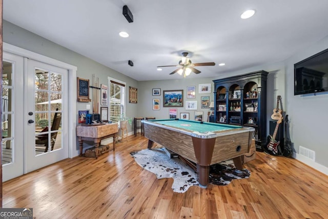 4770 Hilltop Dr NW, Acworth, GA 30101 - game room with french doors, wood finished floors, billiards, a ceiling fan, and recessed lighting