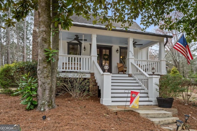 4770 Hilltop Dr NW, Acworth, GA 30101 - view of front of home with a ceiling fan, stairway, a porch, and a shingled roof