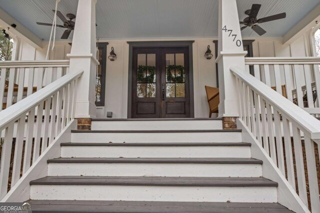 4770 Hilltop Dr NW, Acworth, GA 30101 - doorway to property featuring ceiling fan, french doors, and covered porch