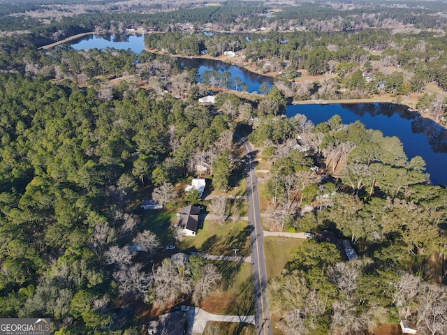 bird's eye view with a water view and a wooded view