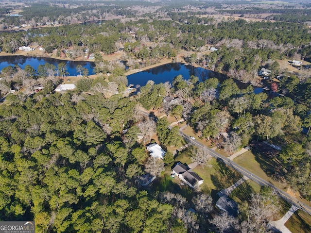 birds eye view of property featuring a water view and a wooded view