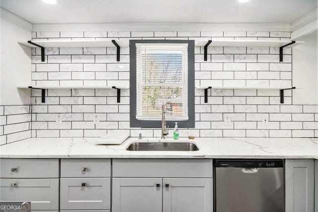 kitchen with open shelves, ornamental molding, a sink, dishwasher, and tasteful backsplash