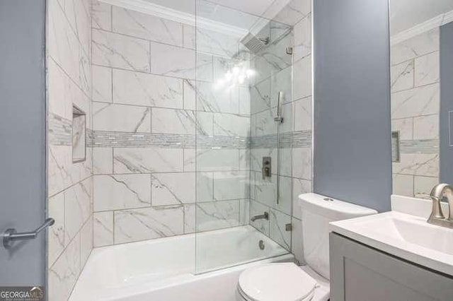 full bath with vanity, toilet, shower / bathing tub combination, and crown molding