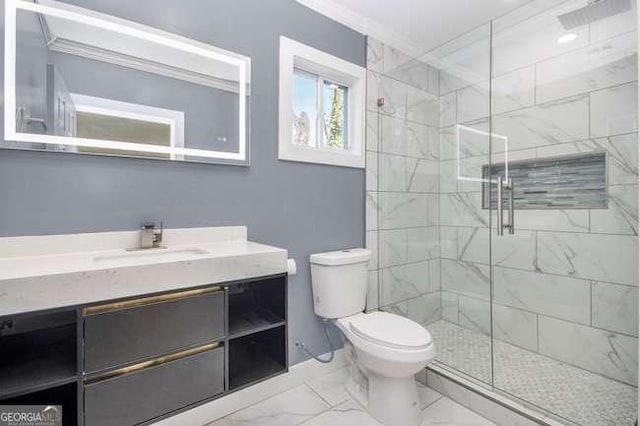 bathroom with toilet, ornamental molding, a stall shower, marble finish floor, and vanity