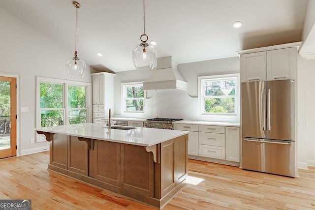 kitchen featuring a sink, appliances with stainless steel finishes, light countertops, custom exhaust hood, and a healthy amount of sunlight