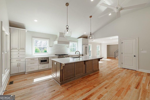 kitchen featuring premium range hood, visible vents, a sink, stainless steel appliances, and light countertops