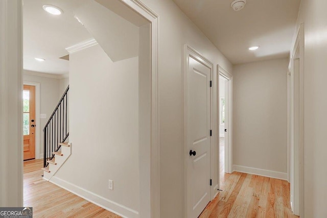 160 Tillman Ln, Athens, GA 30606 - hallway with light wood-style flooring, ornamental molding, stairs, and recessed lighting