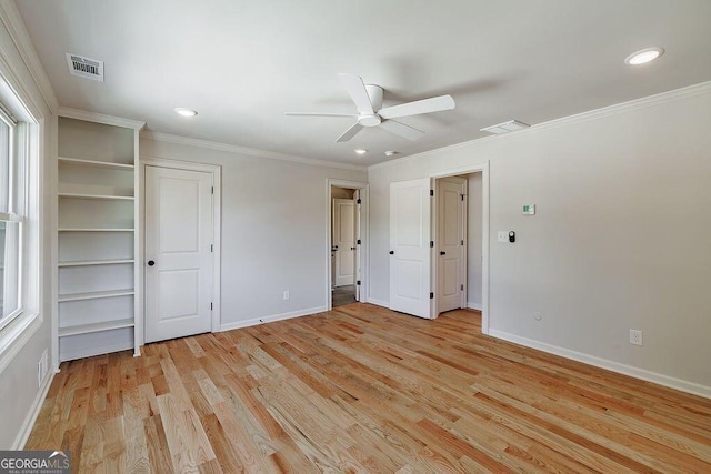 unfurnished bedroom featuring visible vents, baseboards, ornamental molding, recessed lighting, and light wood-style floors