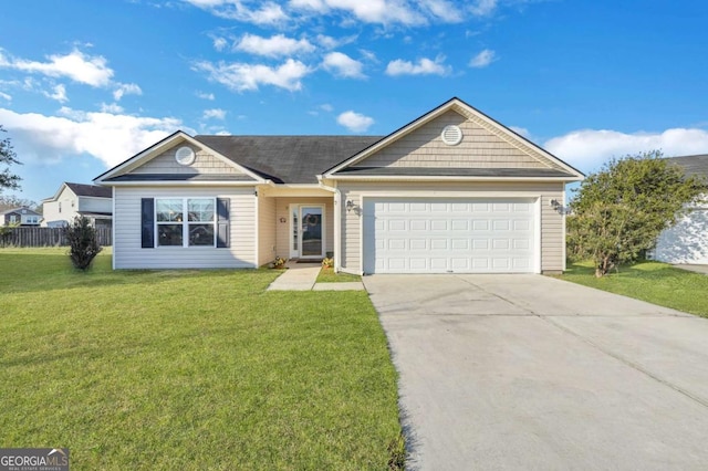 single story home with driveway, an attached garage, a front yard, and fence