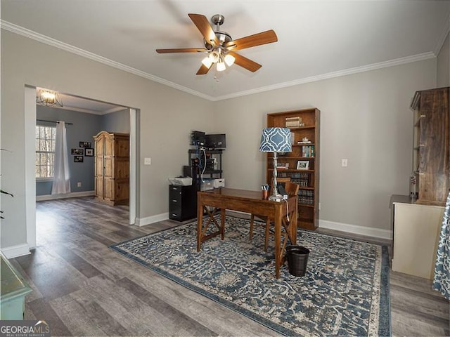 office featuring crown molding, wood finished floors, baseboards, and ceiling fan