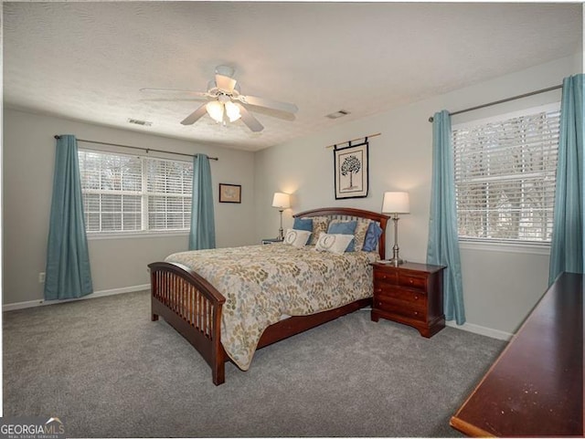 bedroom featuring baseboards, multiple windows, and carpet