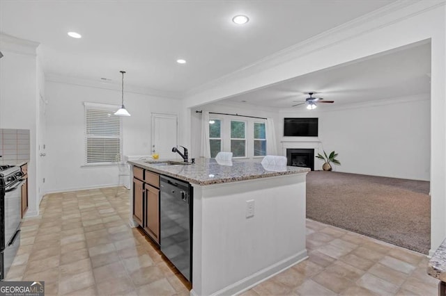 kitchen with black appliances, ornamental molding, a ceiling fan, a sink, and a fireplace