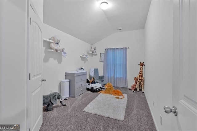 miscellaneous room featuring visible vents, lofted ceiling, and carpet