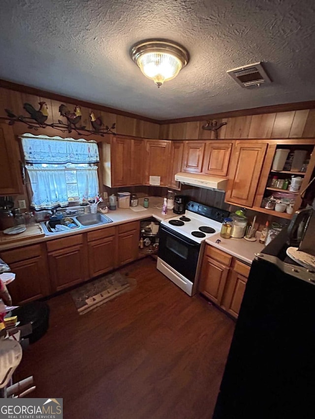 kitchen featuring visible vents, under cabinet range hood, dark wood finished floors, electric range oven, and light countertops