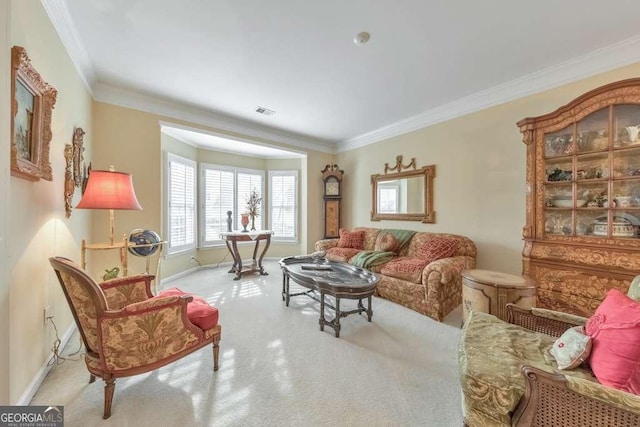 living room featuring carpet flooring, baseboards, visible vents, and ornamental molding