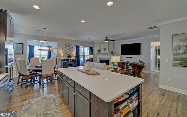 kitchen featuring light wood finished floors, plenty of natural light, a warm lit fireplace, and ceiling fan