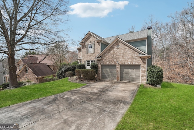 traditional-style home with a front yard, brick siding, driveway, and a chimney