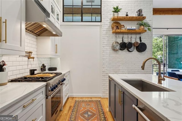 kitchen with light stone counters, a sink, stainless steel appliances, light wood-style floors, and under cabinet range hood