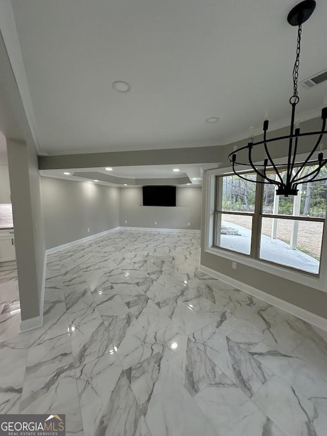 unfurnished living room featuring a notable chandelier, visible vents, recessed lighting, and baseboards