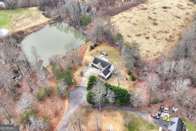 drone / aerial view featuring a water view