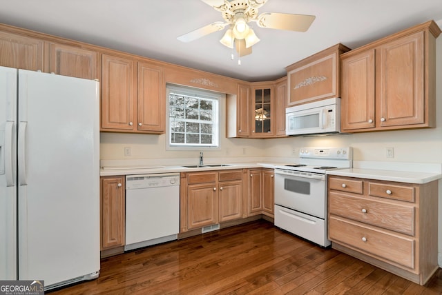 kitchen featuring white appliances, dark wood-style flooring, ceiling fan, a sink, and light countertops