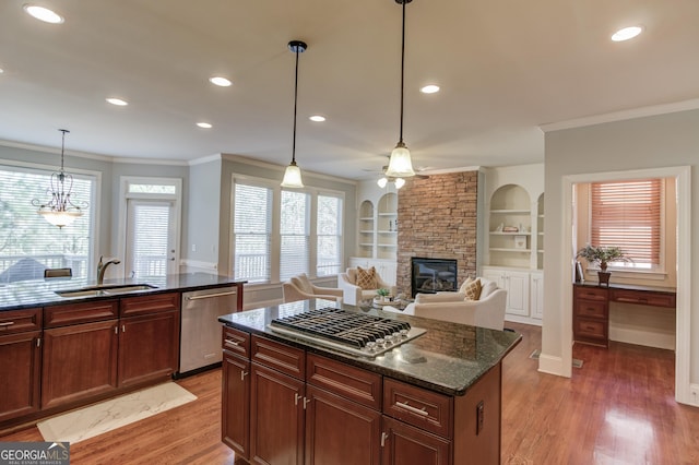 kitchen featuring a sink, a stone fireplace, ornamental molding, and stainless steel appliances