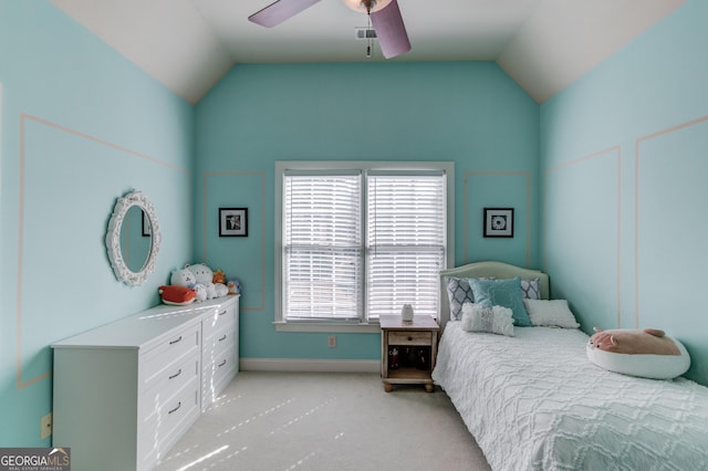 bedroom with light carpet, visible vents, ceiling fan, and vaulted ceiling