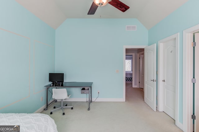 carpeted bedroom featuring a ceiling fan, lofted ceiling, visible vents, and baseboards