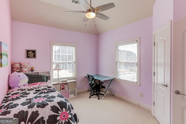 bedroom with visible vents, baseboards, vaulted ceiling, carpet floors, and a ceiling fan