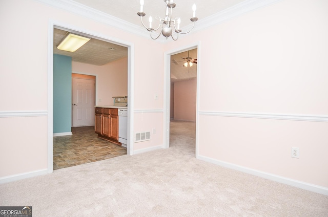unfurnished dining area featuring light colored carpet, a notable chandelier, baseboards, visible vents, and ornamental molding