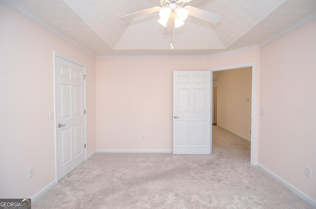 unfurnished bedroom with a tray ceiling, baseboards, light carpet, and a textured ceiling