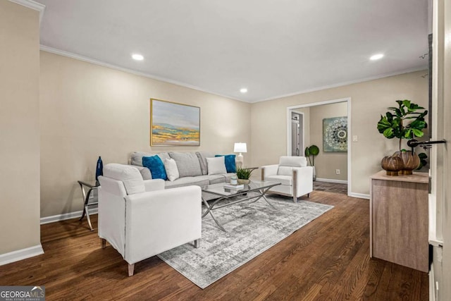 living area featuring baseboards, dark wood-style floors, and ornamental molding