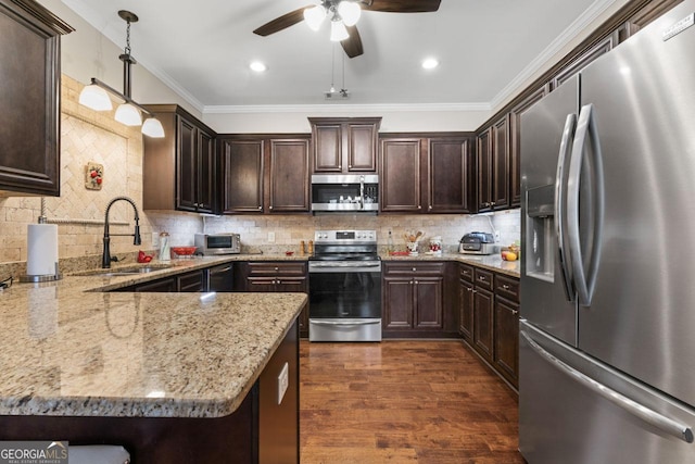 kitchen with a ceiling fan, dark wood finished floors, a sink, dark brown cabinetry, and appliances with stainless steel finishes